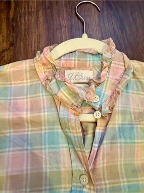 J. Crew Pastel Plaid Ruffle-Collar Button Down Top, Women’s Size 4